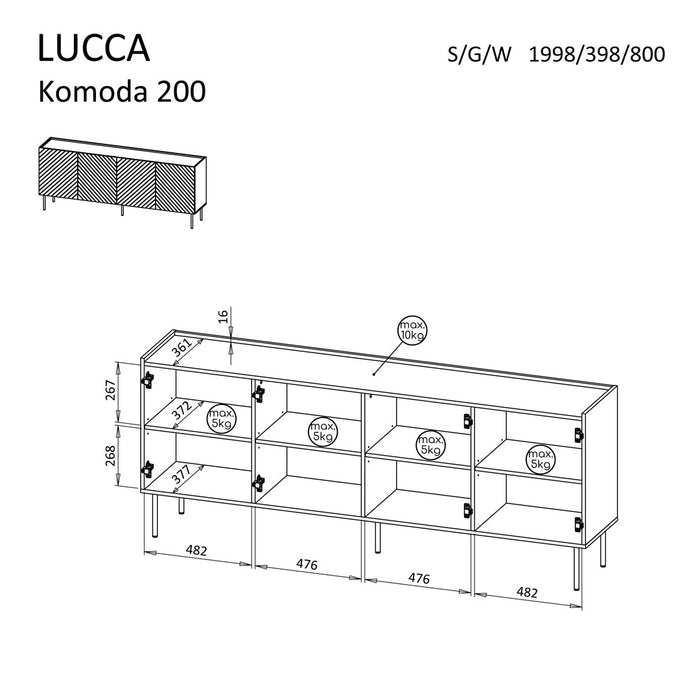 Cama LUCCA 4D chest of drawers, 200x40x80, white
