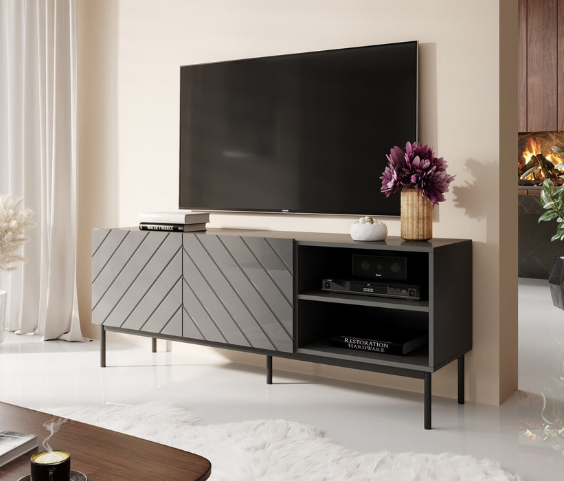ABETO RTV cabinet on black steel frame 150x42x60 cm graphite/glossy graphite