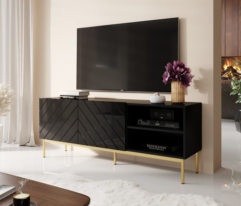 ABETO RTV cabinet on golden steel frame 150x42x60 black/gloss black