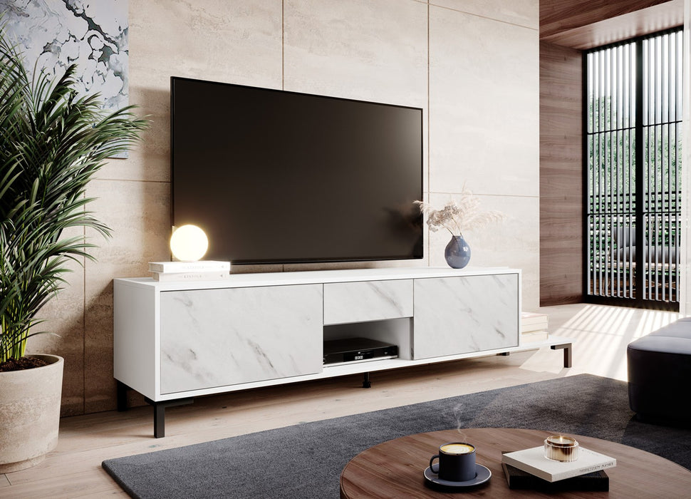 RTV Cabinet MARMO 2D1S1K 195x40x47.5 cm white matt/marble white