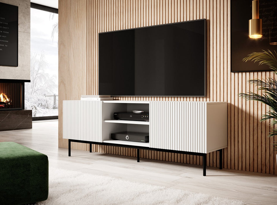 PAFOS RTV cabinet on black steel frame 150x40x60 cm white matt