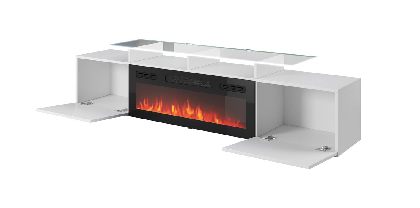 RTV cabinet ROVA with electric fireplace 190x37x48 white/gloss white