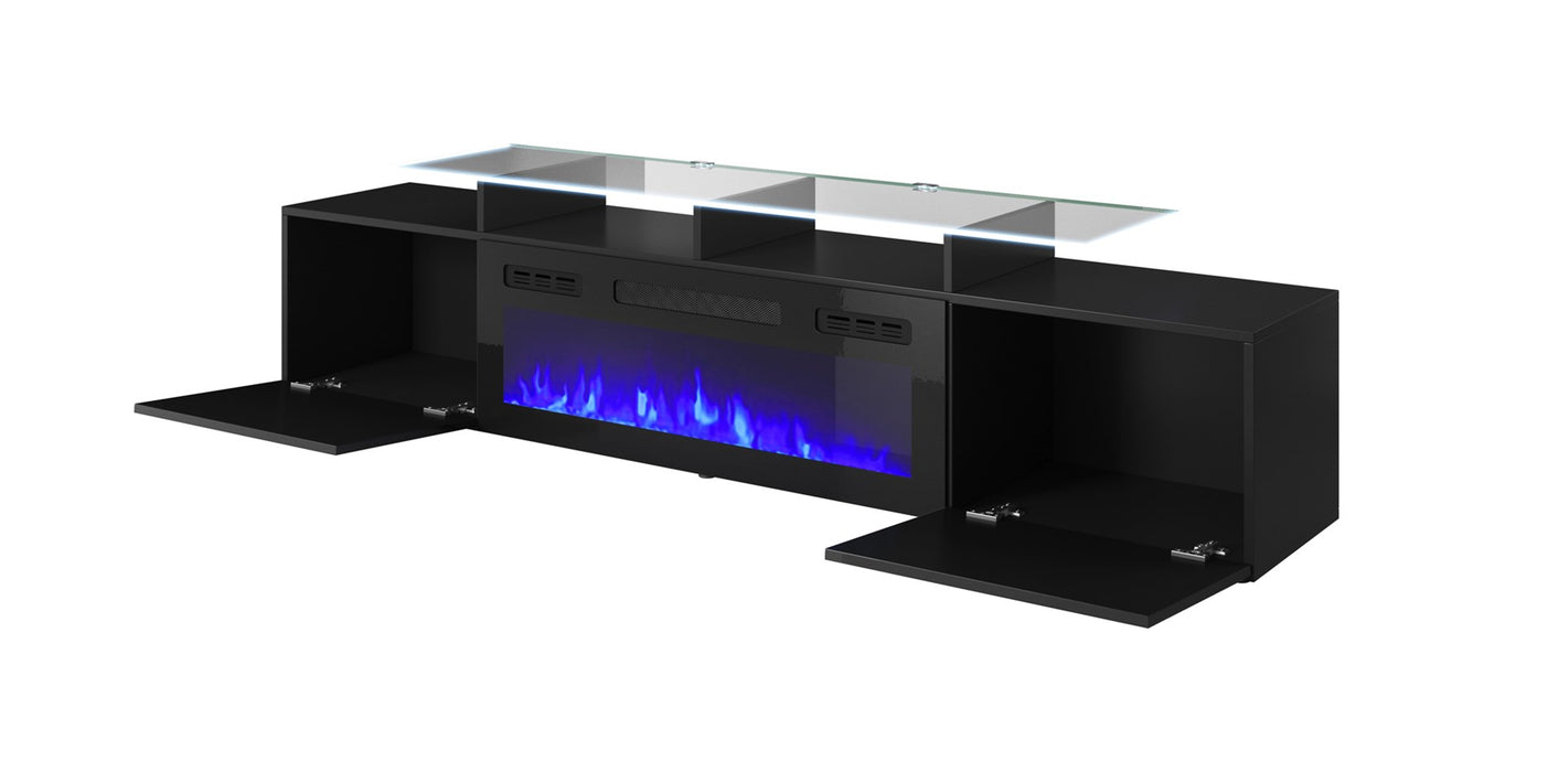 RTV cabinet ROVA with electric fireplace 190x37x48 cm black/black gloss