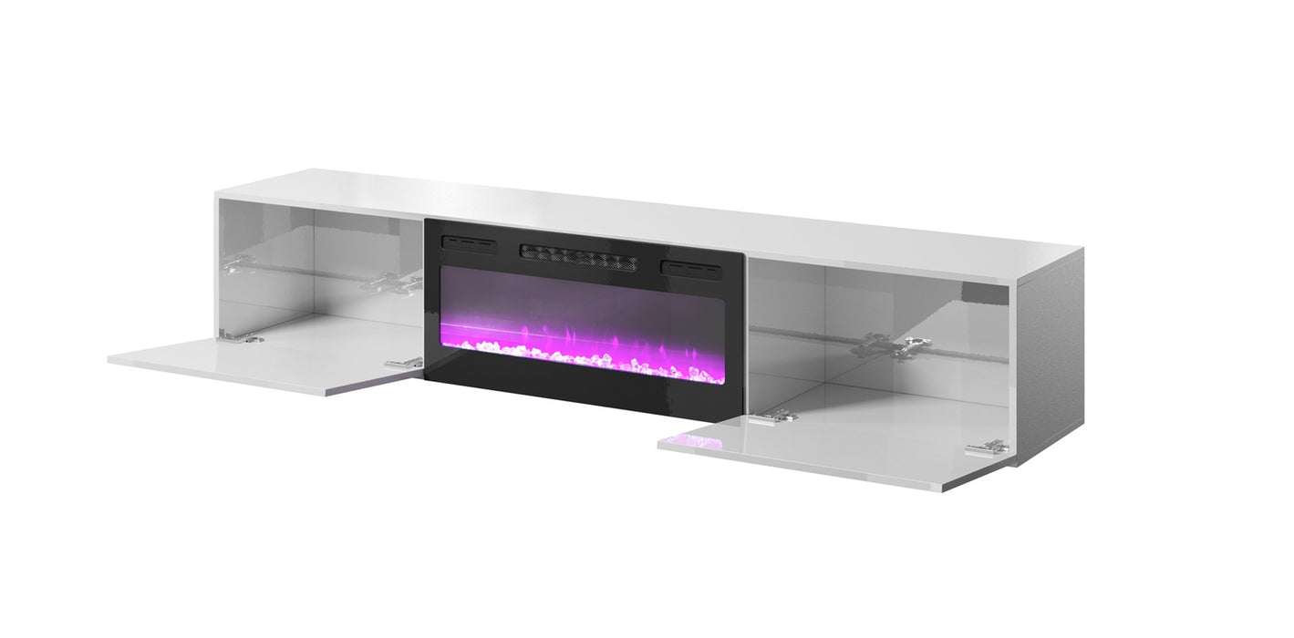 RTV cabinet SLIDE 200K with electric fireplace 200x40x37 cm all in gloss white