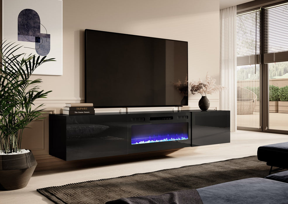 RTV cabinet SLIDE 200K with electric fireplace 200x40x37 cm all in gloss black