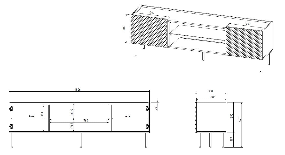 RTV cabinet with an electric fireplace ONDA 180,5x40xH58,39 green (standing or wall mounted)