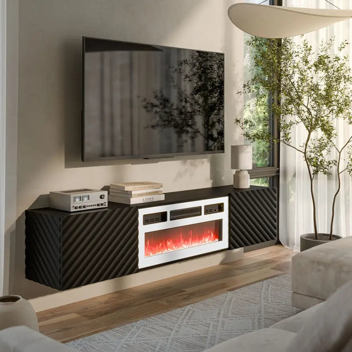 Cama RTV cabinet LARA 183x35x37 black matt + white fireplace - TV cabinets made of furniture boardSTV-ZPM<<<TV