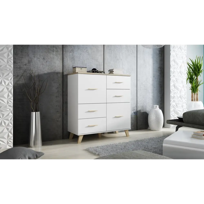 Cama Sideboard LOTTA 110 2D4S white/sonoma oak - Chests of drawers on a wooden baseKOY-DRP<<<ChestsKOY<<<ActionPL