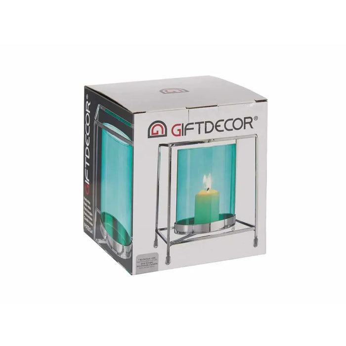 Candleholder Gift Decor Blue Silver Metal Glass 14 x 15,5 x 14 cm Squared - Декорация и Осветление<<<Дом