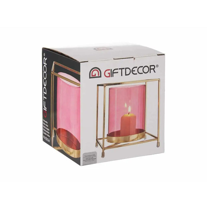 Candleholder Gift Decor Pink Golden Metal Glass 14 x 15,5 x 14 cm Squared - Декорация и Осветление<<<Дом