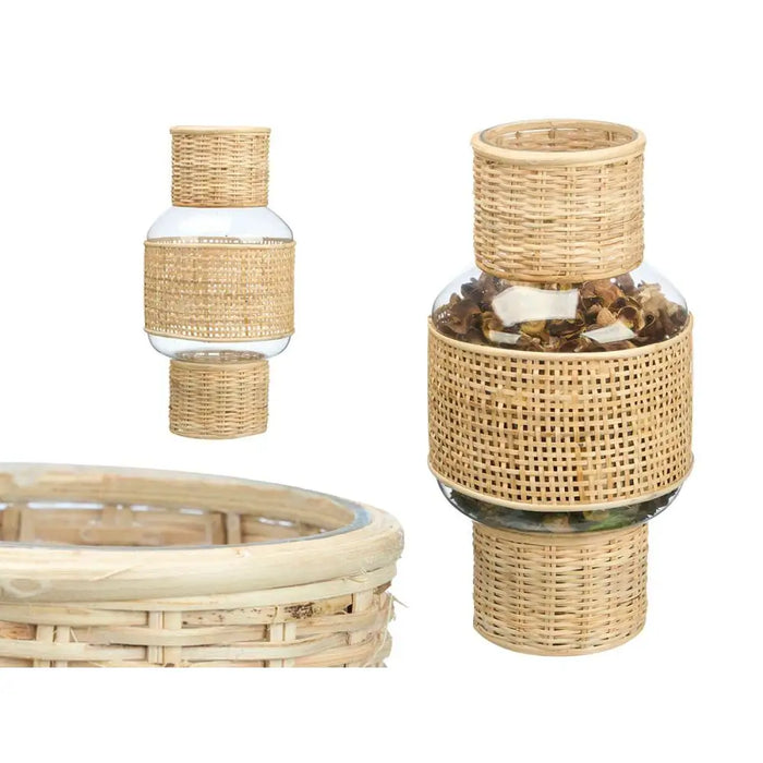 Candleholder Gift Decor Transparent Natural Glass Rattan 18 x 38 x 18 cm (4 Units) - Декорация и Осветление<<<Дом