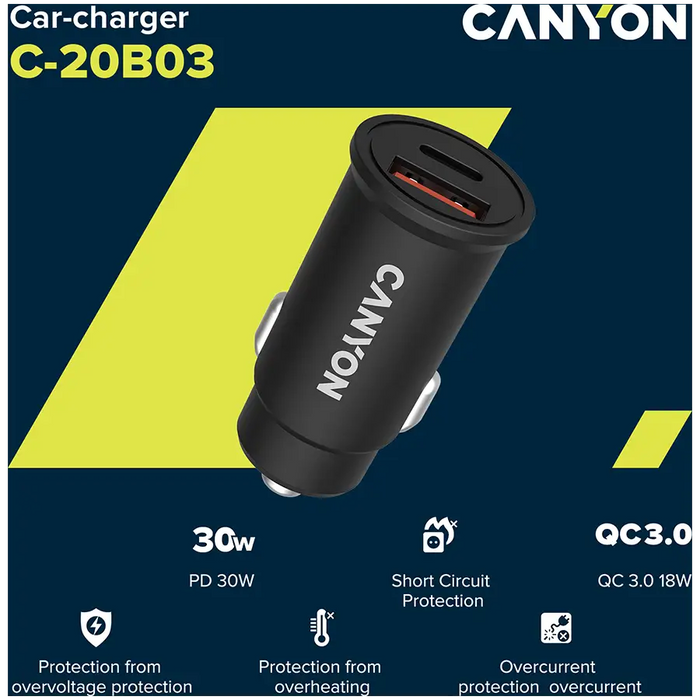 Car charger CANYON CNS-CCA20B03 - Аксесоари за смартфон<<<Аксесоари<<<TechMart&&&Аксесоари за смартфон<<<Телефони и
