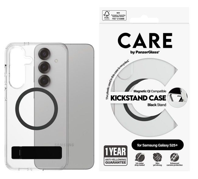 CARE by PanzerGlass Feature Black Kickstand &amp; QI Case for Samsung Galaxy S25+ - Transparent