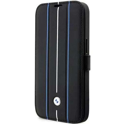 Case BMW BMBKP14X22RVSK iPhone 14 Pro Max 6.7’’ black/black bookcase Leather Stamp Blue Lines - Cell phone cases