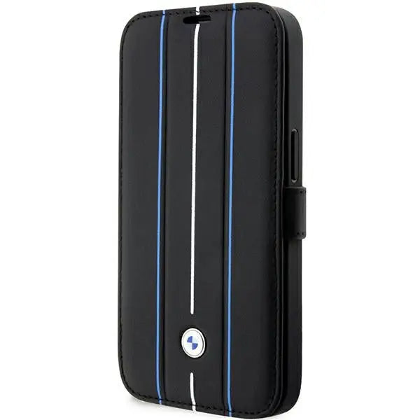 Case BMW BMBKP14X22RVSK iPhone 14 Pro Max 6.7’’ black/black bookcase Leather Stamp Blue Lines - Cell phone cases