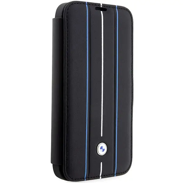 Case BMW BMBKP14X22RVSK iPhone 14 Pro Max 6.7’’ black/black bookcase Leather Stamp Blue Lines - Cell phone cases