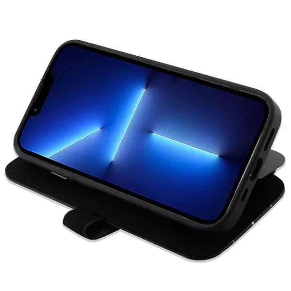 Case BMW BMBKP14X22RVSK iPhone 14 Pro Max 6.7’’ black/black bookcase Leather Stamp Blue Lines - Cell phone cases
