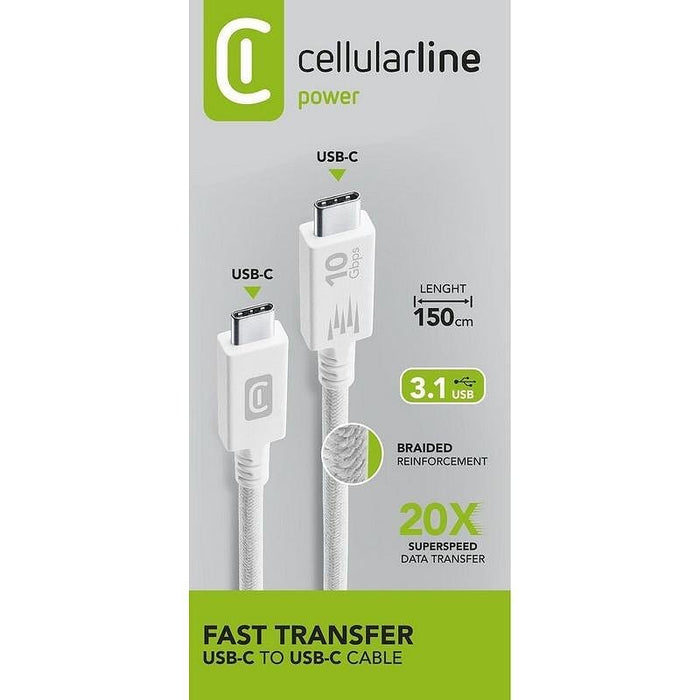 Cable Cellularline USB-C to USB-C 5A, 10 Gbps, 100W, 1.5 m, white