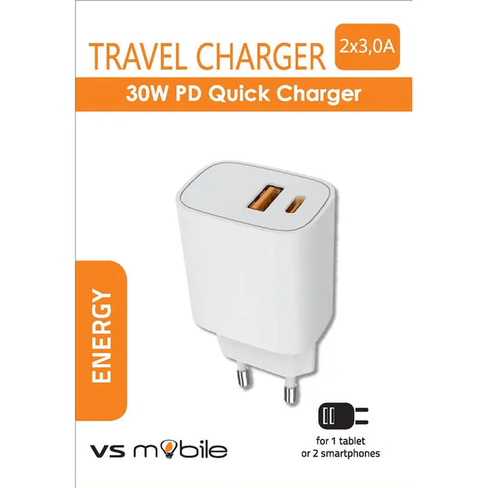 CHARGED FROM EL. VSMOBILE NETWORK 220V 30W PD USB-A + USB-C WHITE - Зарядни устройства<<<Батерии и