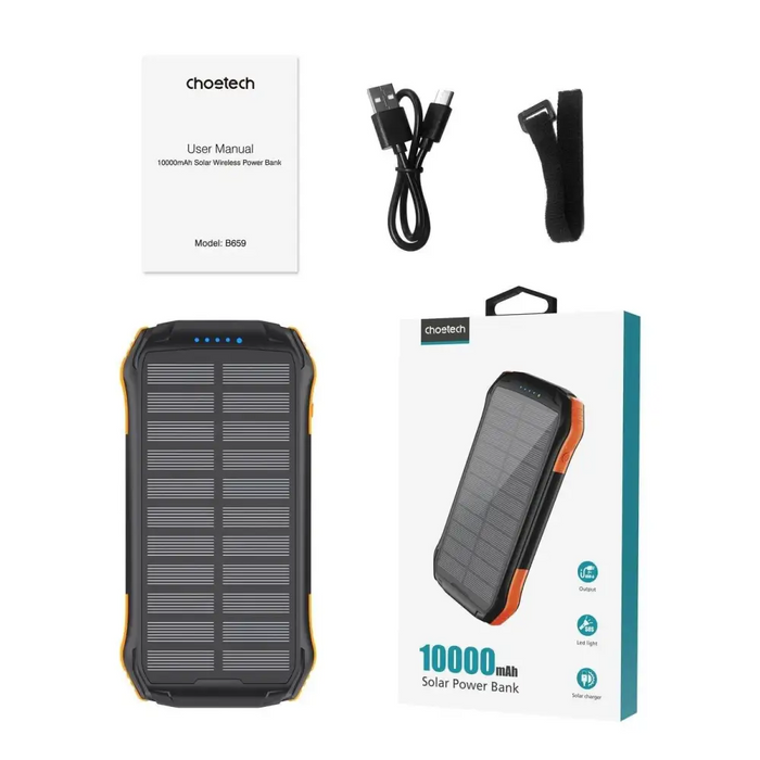 Choetech B659 Solar power bank with inductive charging 2x USB 10000mAh Qi 5W (black-orange)