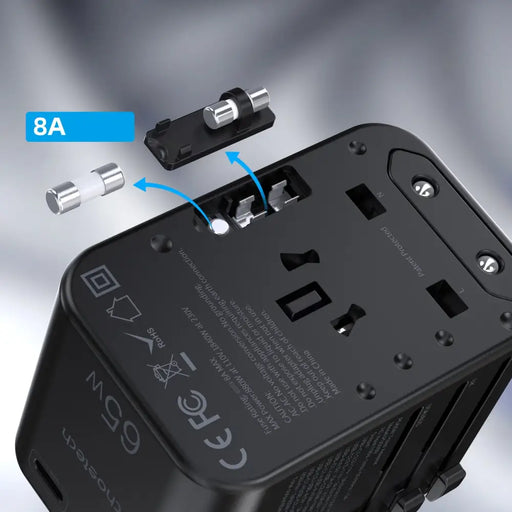 Choetech PD5009-BK GaN EU/US/UK/AU Travel Adapter 2x USB-C USB-A 65W PD - Black - Cell phone USB charger<<<HurtelXML
