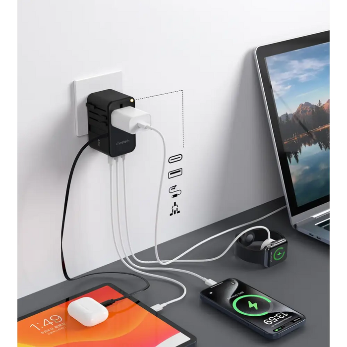 Choetech PD5022 70W EU/US/AUS/UK Travel Adapter with Built-in USB-C Cable - Black - Powerbanks<<<HurtelXML