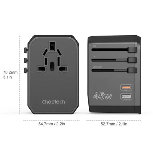 Choetech PD6045 USB-C USB-A 45W GaN Travel Charger with US EU UK AU Plugs - Black - Cell phone USB charger<<<HurtelXML