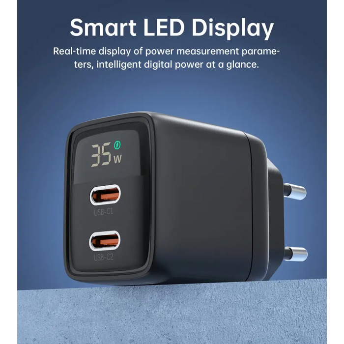 Choetech PD6051 USB-C USB-C PD 35W GaN wall charger with display - black - Cell phone USB charger<<<HurtelXML