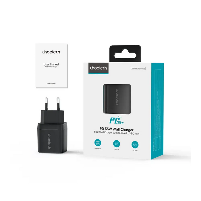 Choetech PD6052 USB-C USB-A PD 35W GaN wall charger with display - black - Cell phone USB charger<<<HurtelXML