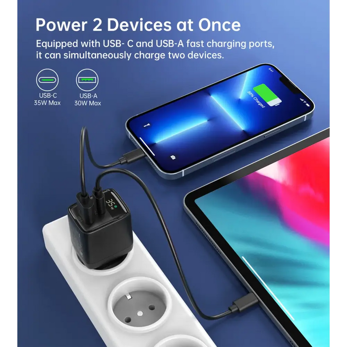 Choetech PD6052 USB-C USB-A PD 35W GaN wall charger with display - black - Cell phone USB charger<<<HurtelXML