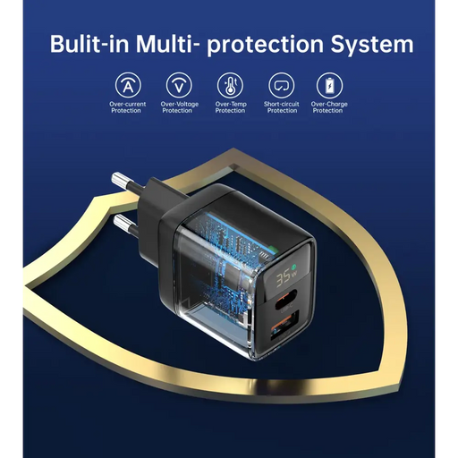 Choetech PD6052 USB-C USB-A PD 35W GaN wall charger with display - black - Cell phone USB charger<<<HurtelXML