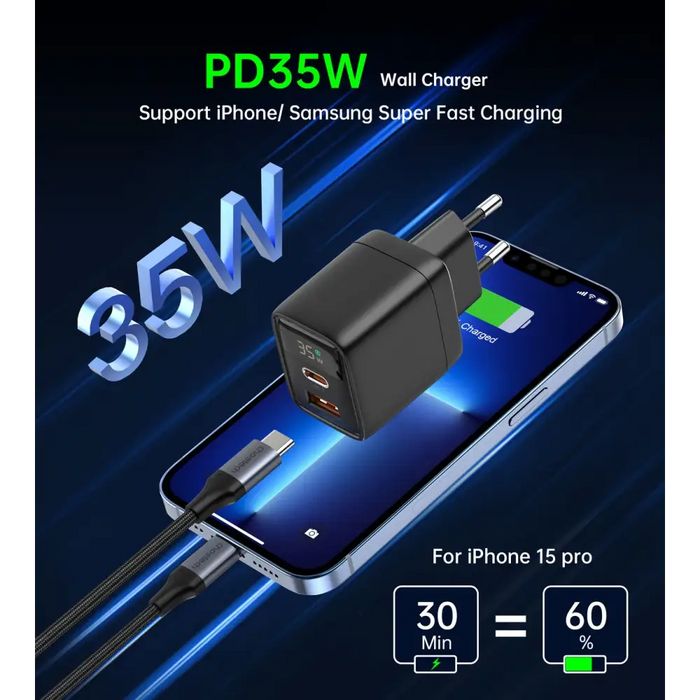 Choetech PD6052 USB-C USB-A PD 35W GaN wall charger with display - black - Cell phone USB charger<<<HurtelXML