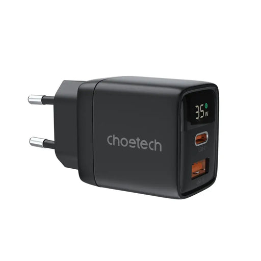 Choetech PD6052 USB-C USB-A PD 35W GaN wall charger with display - black - Cell phone USB charger<<<HurtelXML