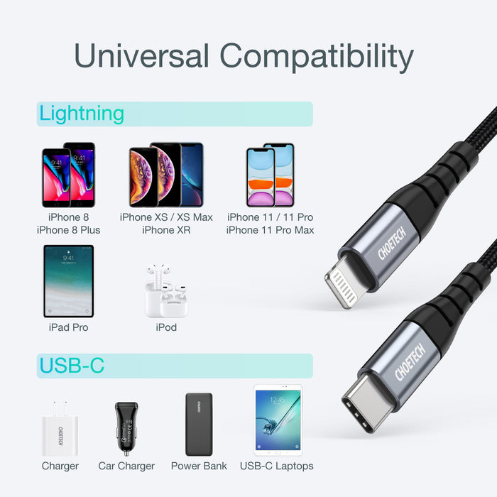 Choetech IP0041 USB-C / Lightning MFi 480Mb/s 3A 2 m cable - black