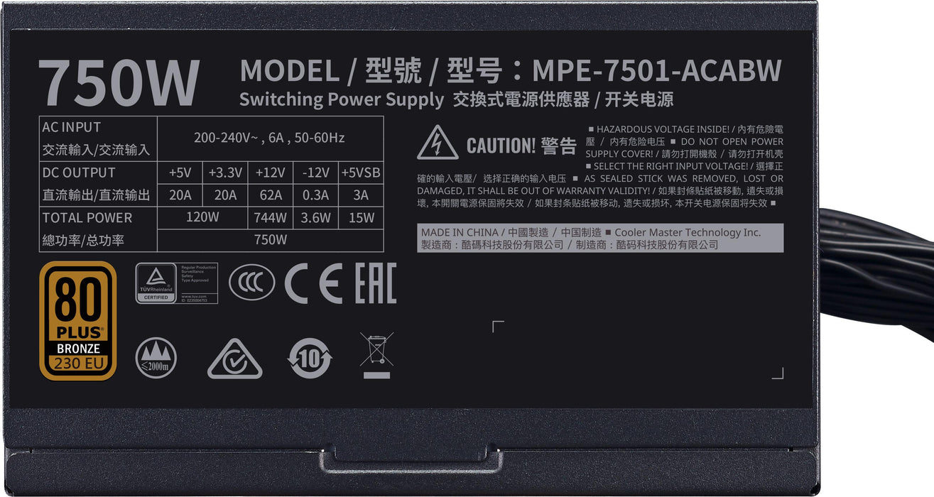Power supply Cooler Master MPE-7501-ACABW-BEU 750 W 750 W ATX 80 Plus Bronze