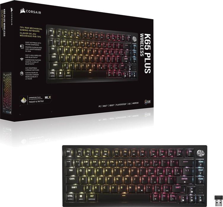 Gaming wireless/bluetooth mechanical keyboard Corsair K65 Plus RGB 75%, Corsair MLX Fusion Tactile Yellow switch