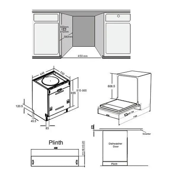 Built-in dishwasher Crown DWC4522BI, 10 place settings, 45 W, mm, E