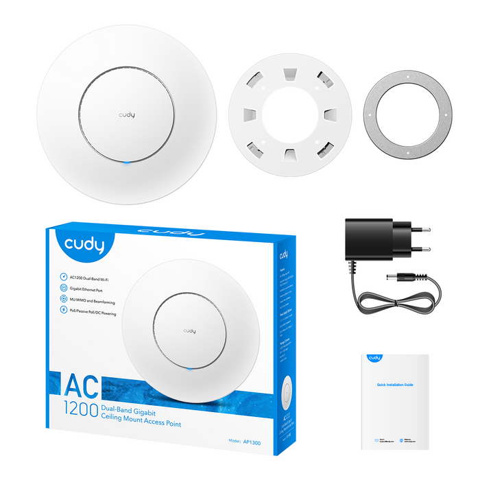 Cudy AP1300-P Wireless Access Point, AC1200, 2.4/5 GHz, 300 - 867 Mbps, PoE adapter