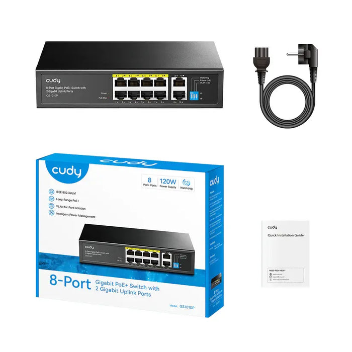 Switch Cudy GS1010P V3.0, 8-port 10/100/1000 Mbps RJ 45, 2xUplink ports - Black
