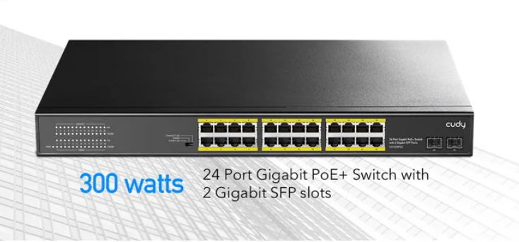 Switch Cudy GS1028PS2, 24 ports, 10/100/1000, 24× GbE with 802.3at/af PoE, 2× Uplink SFP, Default/VLAN/Extend Modes, for 19" rack