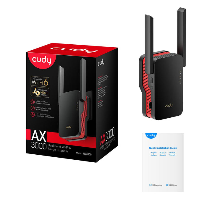 Amplifier Cudy RE3000, AX3000 Dual Band, 2.4/5 GHz, 574 - 2402 Mbps, Gigabit