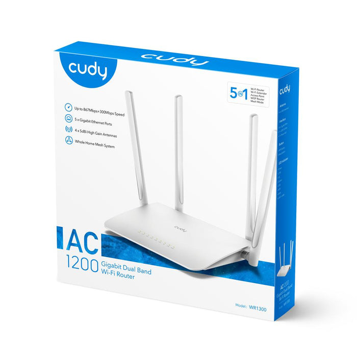 Wireless router CUDY WR1300, Dual-band AC1200, 300+867 Mbps, 5x10/100/1000, White