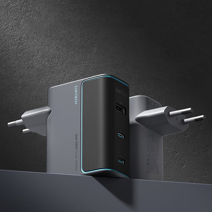 Cuktech CUKAD1003EUG GaN 100W Wall Charger 2 x USB-C 1 x USB-A with USB-C Cable - Gray