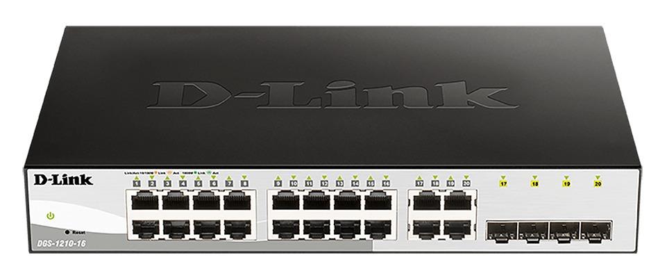 Switch D-Link DGS-1210-16/E, 16-port 10/100/1000 Gigabit Smart Switch including 4 Combo 1000BaseT/SFP, managed, for mounting in a cabinet