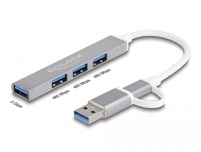 Delock USB hub, USB-C / USB-A - 3 x USB-A 2.0 + 1 x USB-A 5 Gbps