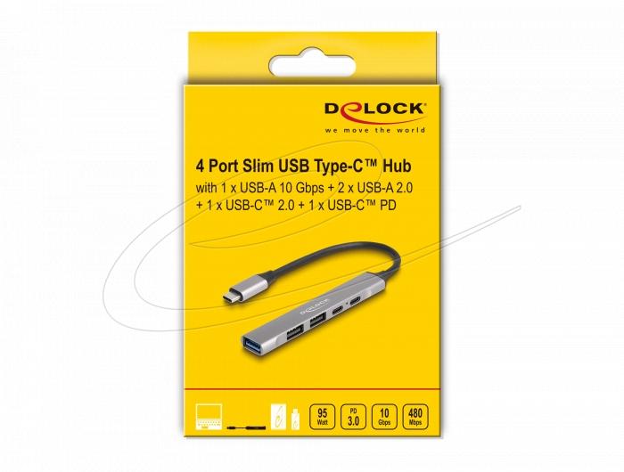 Delock Hub USB-C, 4 ports, 1 x USB-A 10 Gbps, 2 x USB-A, 1 x USB-C, USB-C PD 95 W