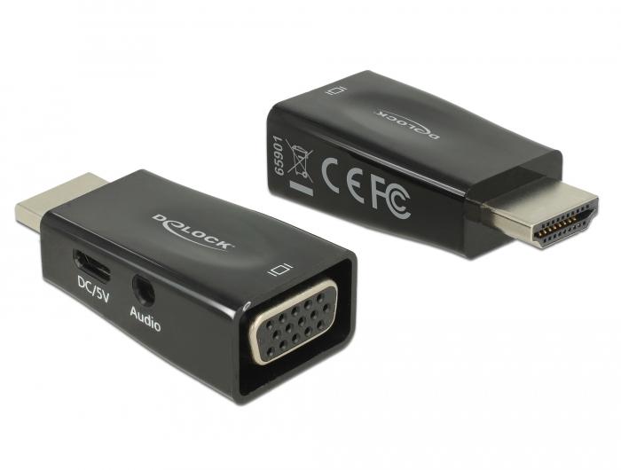 Delock adapter, HDMI male - VGA + microUSB + Audio female, Black