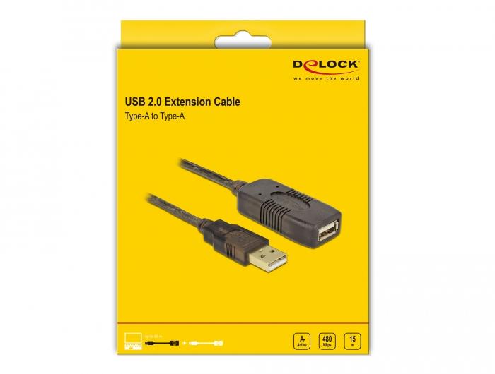 DeLock extension cable, USB-A female - USB-A male, USB 2.0, 15 m, Black