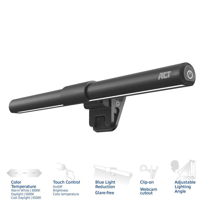 ACT LED laptop lamp with adjustable brightness and clip, USB power supply