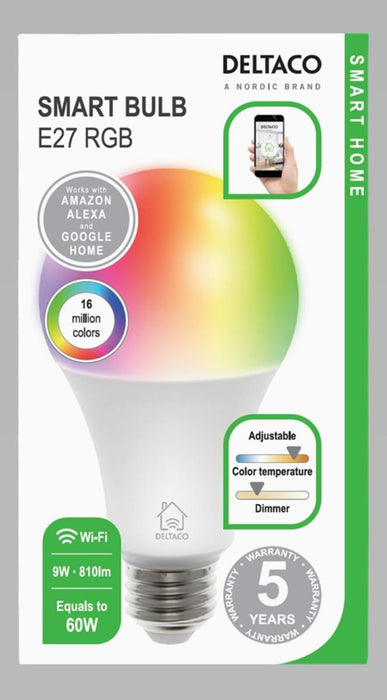 Smart RGB bulb DELTACO SH-LE27RGB, E27, WiFI 2.4GHz, 9W, 810lm, dimmable, White